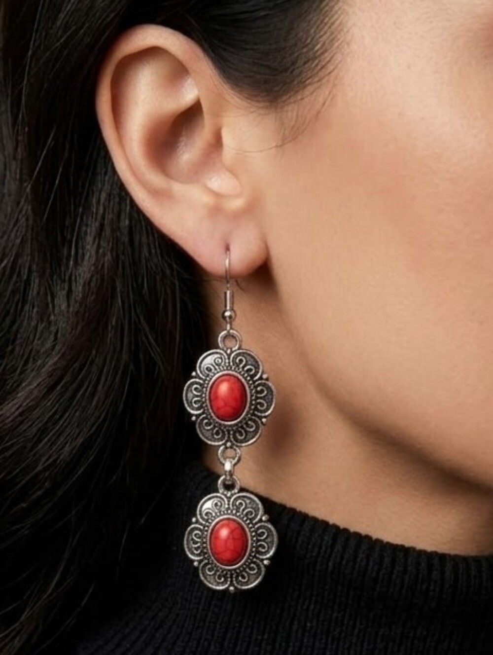 Emma Red Stone Floral Link Dangle Earrings NWT